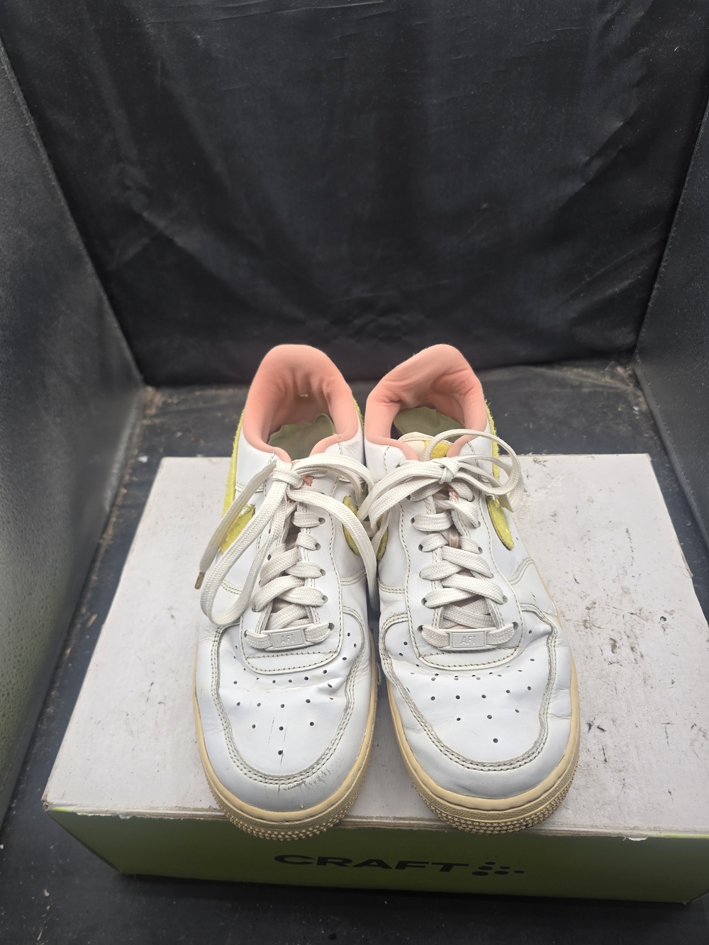 Nike Kids White Sneakers with Coral Pink Lining and Yellow Accents